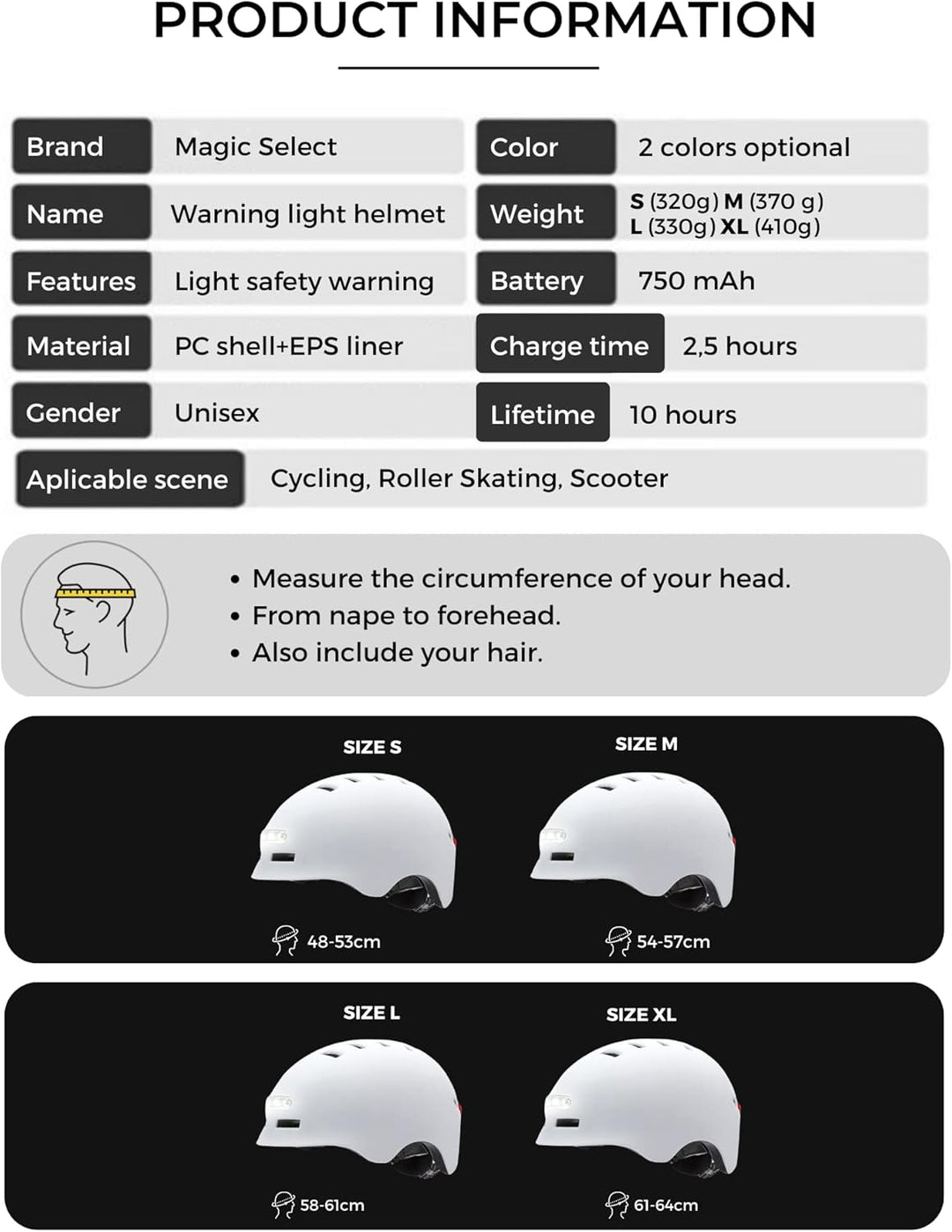 Fahrrad oder Elektrorollerhelm mit Rotem Warnlicht + weissem Frontlicht. Fahrradhelm, Skate, Schlitt