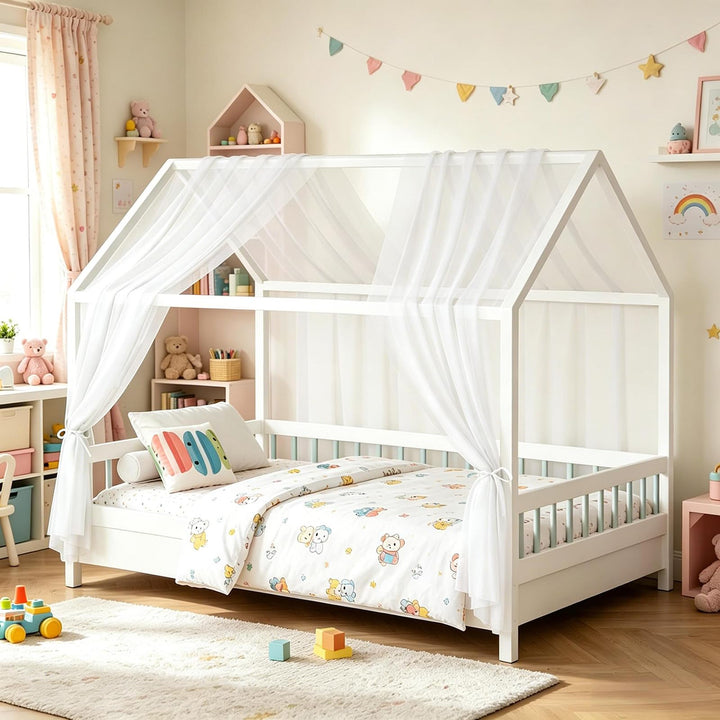 Hausbett Himmel Set 2-TLG - Betthimmel 150x350cm für Kinderbett Deko - Aus Atmungsaktivem Musselin m
