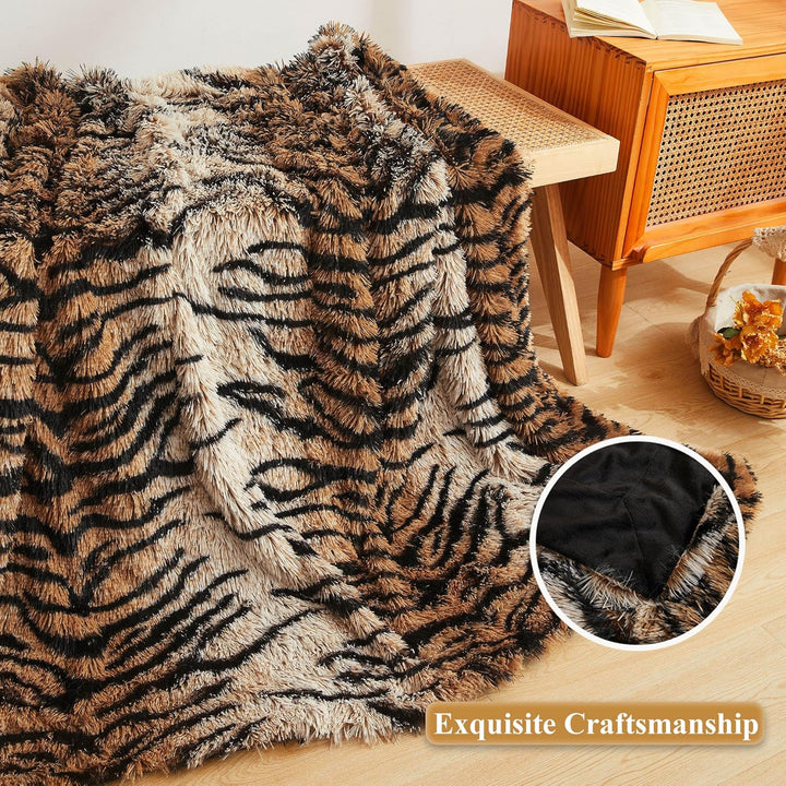 XeGe Luxus Kunstfell-Tigermuster-Decke, Weiche 127x152 cm Tigermuster Flauschige Decke, Schilfartige