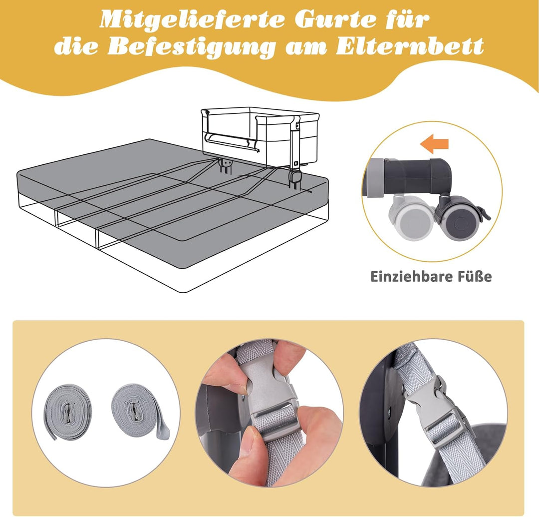 DREAMADE Beistellbett Baby, 6-stufig Höhenverstellbar Babybett mit weicher Matratze & Rollen & Trage