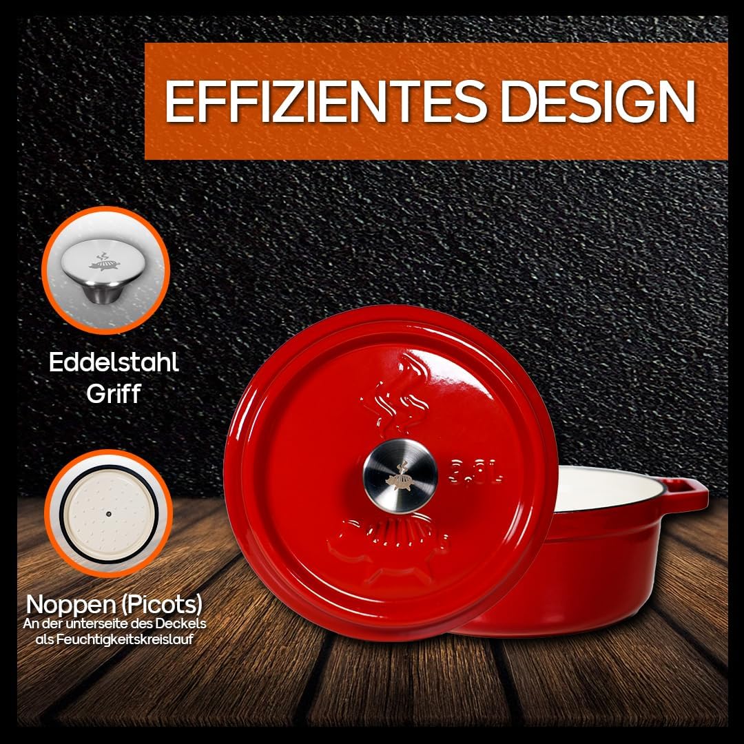 Dutch Oven Emailliert (3,8L) | Feuertopf rot | BBQ, 3,8L