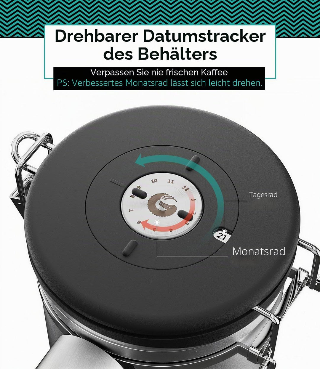 Coffee Gator Kaffee-Kanister mit Datumsanzeige, CO2-Freigabe-Ventil und Schaufel, gross Medium edels