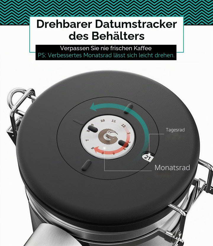 Coffee Gator Kaffee-Kanister mit Datumsanzeige, CO2-Freigabe-Ventil und Schaufel, gross Medium edels