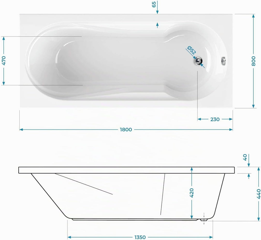Calmwaters® Rechteck-Badewanne mit Dusche 180x80 cm, Acrylwanne Modern Small 2 mit Duschzone, Badewa