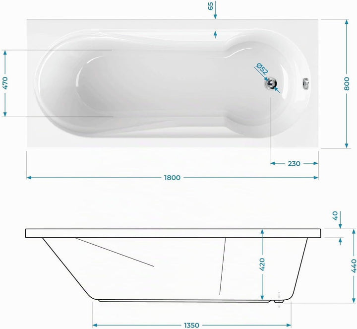 Calmwaters® Rechteck-Badewanne mit Dusche 180x80 cm, Acrylwanne Modern Small 2 mit Duschzone, Badewa