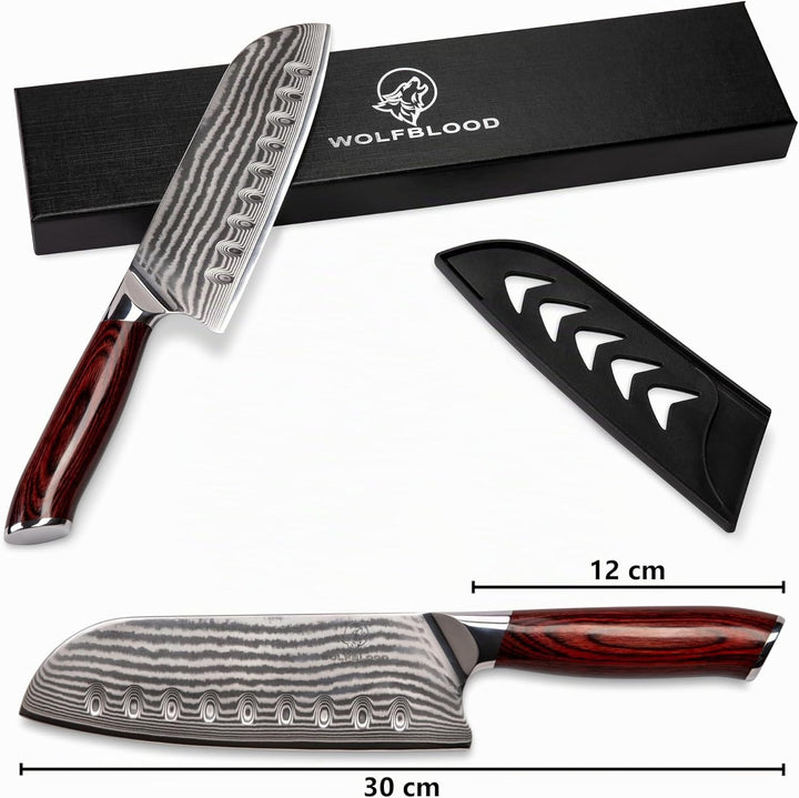 Wolfblood Damastmesser Santoku Messer XL (30cm) TÜV geprüfter 62 HRC Damaststahl aus 67 Lagen I Dama