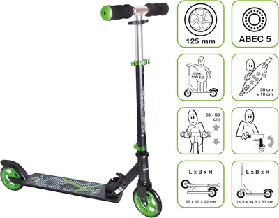 muuwmi Aluminium Scooter – Tretroller, 125 mm, ABEC 5, GS geprüft, höhenverstellbar grün/schwarz, gr