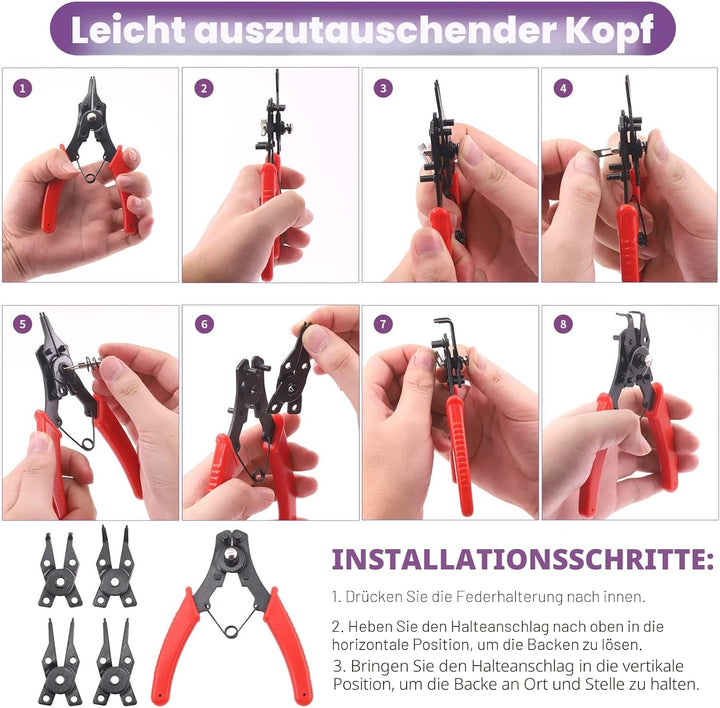 Swpeet 262 Stück 4-in-1 Sprengringzange mit 6 Grössen 4 mm bis 30 mm Legierung Stahl Aussen-Halterun