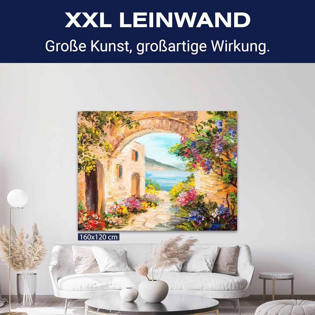 wandmotiv24 Leinwandbild Malerei, 80x60cm, Querformat, Gasse, mediterran, Meer, Deko, Bilder auf Lei