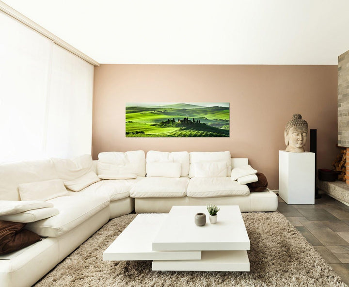 Paul Sinus Art Panoramabild auf Leinwand und Keilrahmen 120x40cm Toskana Wiesen Bäume Haus Sonnenauf