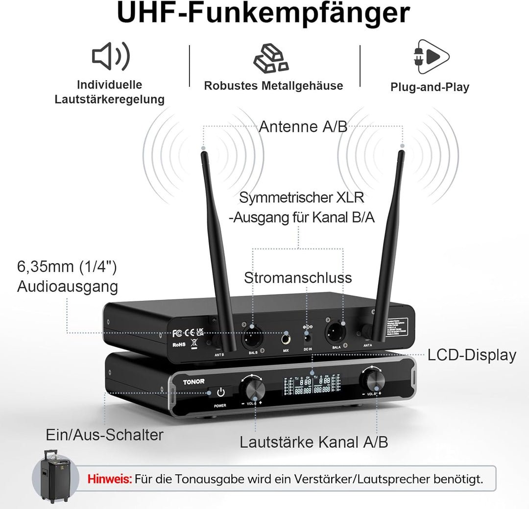 TONOR Dual Mikrofon Kabellos System, Funkmikrofon drahtloses Karaoke Mikro Set Wireless Microphone 6