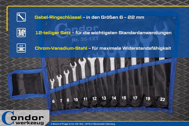 CONDOR Werkzeug 35-12T | Gabel-Ringschlüssel-Satz | 12-tlg. | Chrom-Vanadium-Stahl verchromt | 6-22