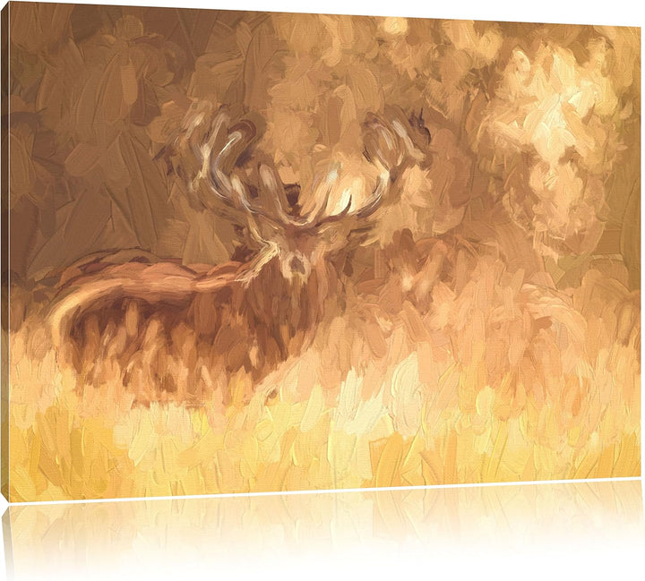 Pixxprint Rotwild im goldenen Morgenlicht Kunst Pinsel Effekt, Format: 100x70 auf Leinwand, XXL ries