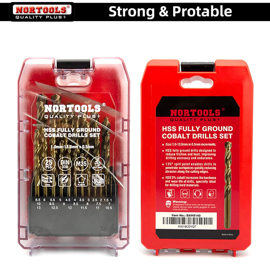 NORTOOLS Metallbohrer Set 25 tlg HSS M35 Cobalt 5% vollständig geschliffene Bohrer 1,0-13 mm Einheit