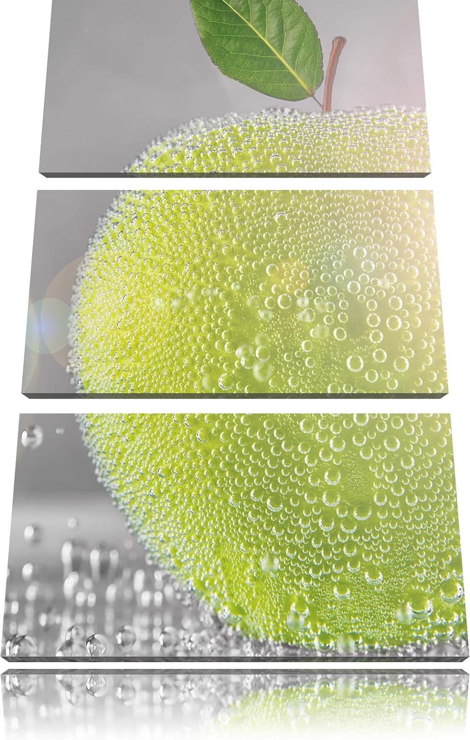 Pixxprint Grüner saftiger Apfel mit Wasserperlen 3-Teiler Leinwandbild 120x80 Bild auf Leinwand