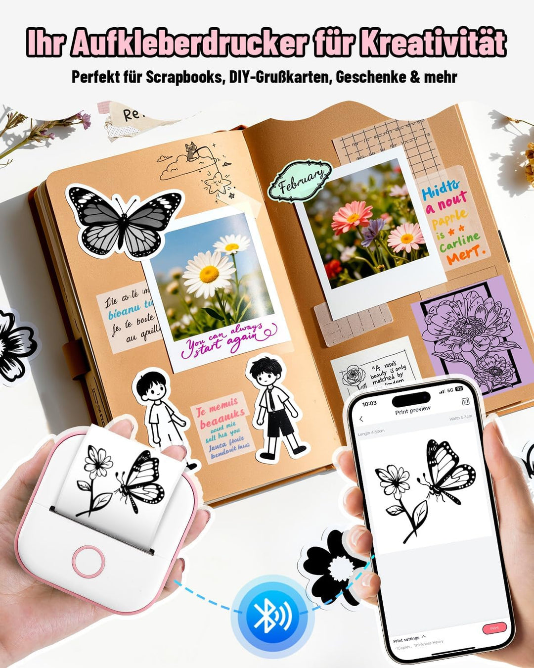 Phomemo Mini Etikettendrucker,T02 Sticker Fotodrucker für Smartphone,Handy Thermodrucker klein mit 3