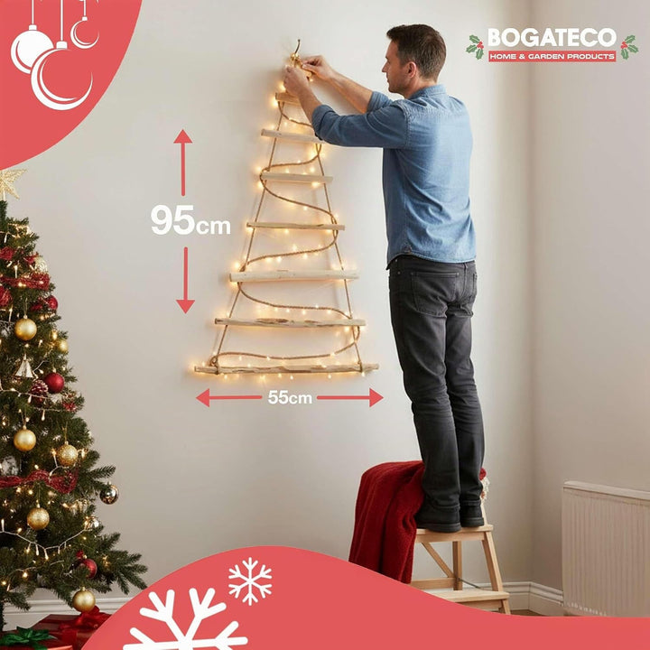 BOGATECO Handgemacht Weihnachtsbaum 95 cm hoch, aus Haselnussholz | Deko Anhänger | mit 200 cm LED-L