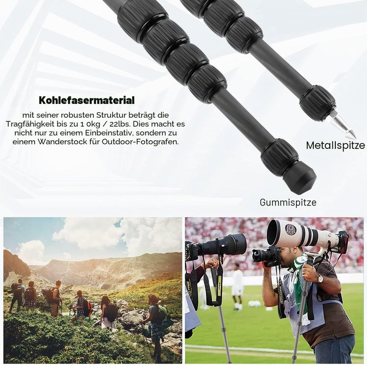 koolehaoda MP286C Einbeinstativ, Kohlefaser, 6-teilig, tragbar, Kompaktkamera-Einbeinstativ, Maximal