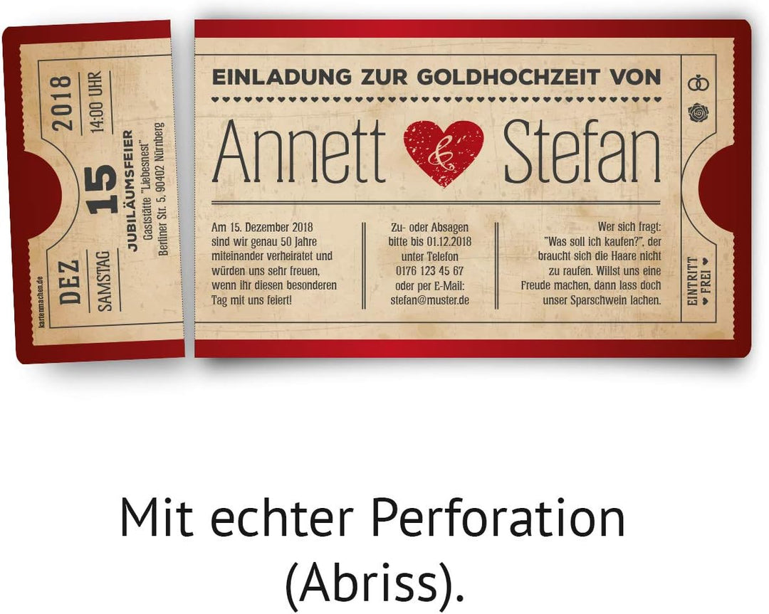 Personalisierte Goldhochzeit Hochzeitseinladungen goldene Hochzeit Einladungskarten als Ticket mit e