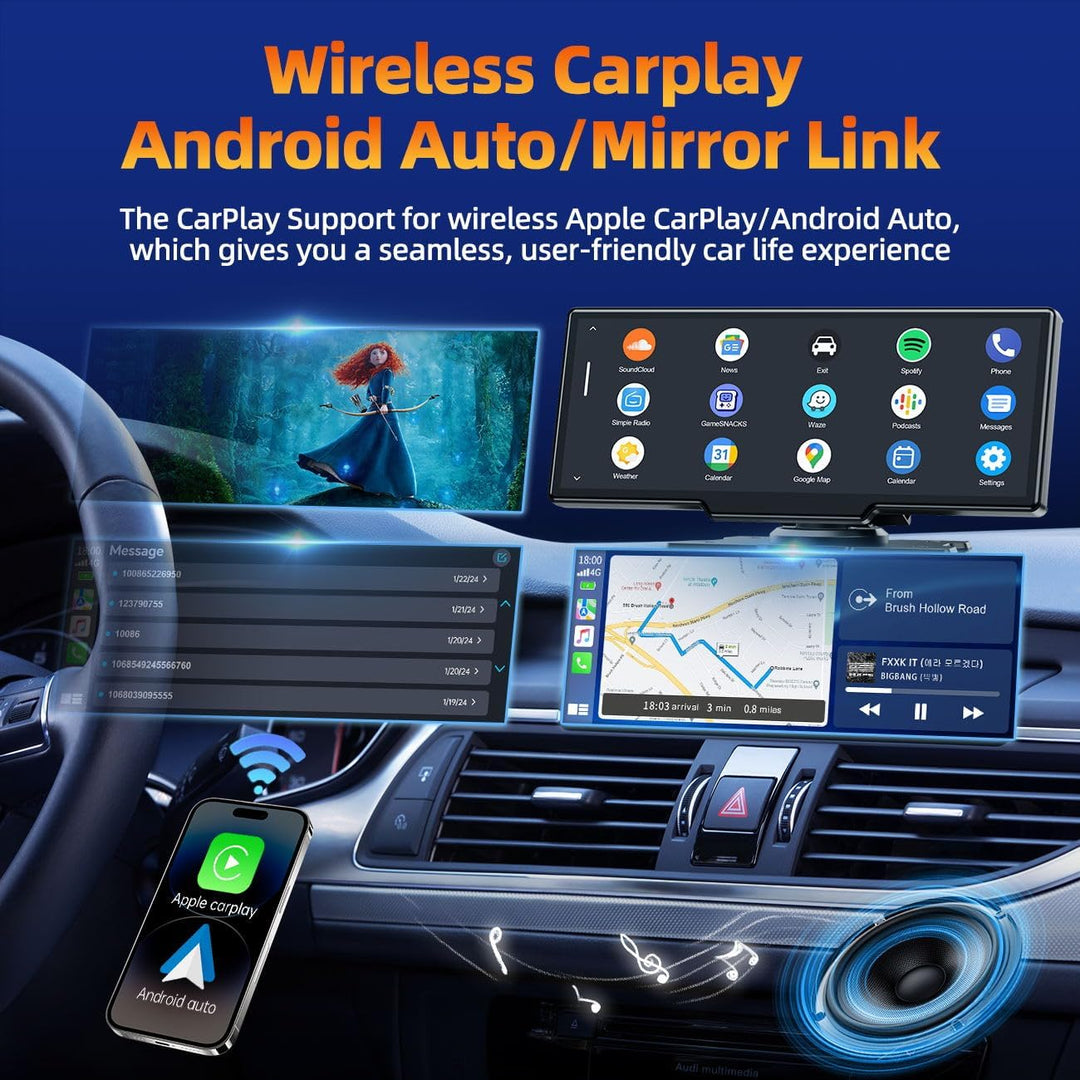 Volam 9.26 Zoll Carplay Display mit 2.5K Dashcam Auto Vorne,1080P Rückfahrkamera, Wireless A-pple Ca
