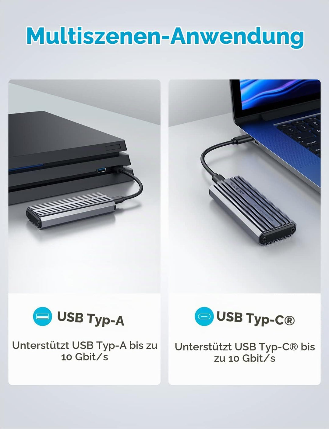 GRAUGEAR | Aluminium-Gehäuse f. M.2 NVMe SSD | USB 3.2 (Gen2, 10 Gbit/s) | Zwei Kabel USB-C &amp; USB-A