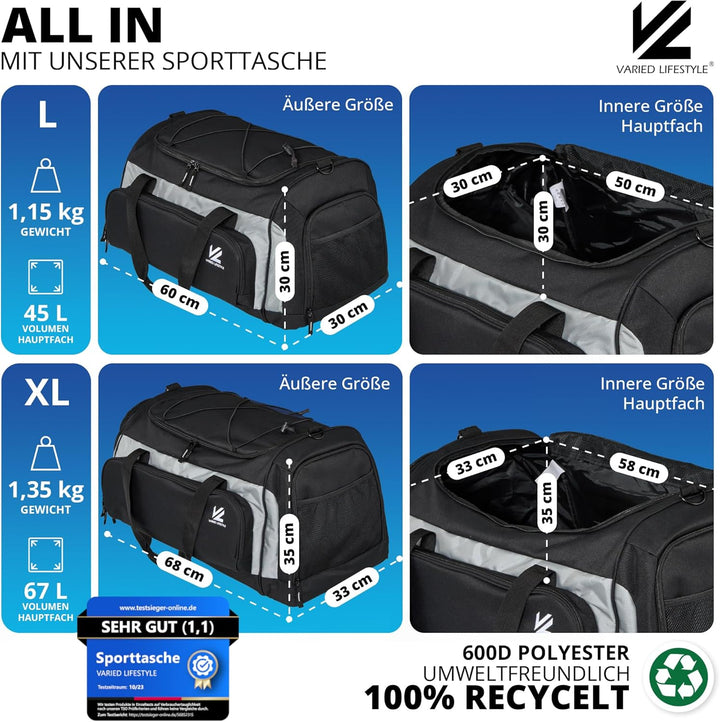 VL® Sporttasche mit Schuhfach, Nassfach & [Isoliertes Kühlfach] Saunatasche & Reisetasche für Damen