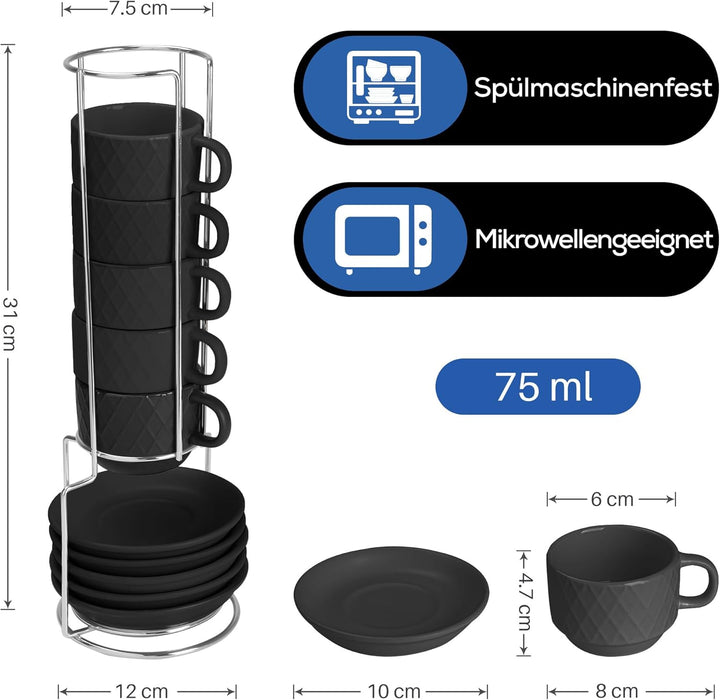 MIAMIO – 6 x 75 ml Espresso Tassen/Espressotassen Set mit Ständer Steingut Keramik - Palmanova Kolle