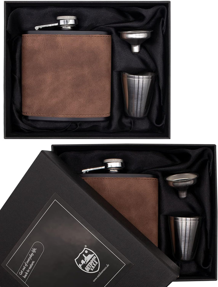 Flachmann-Set, Wild-Leder Optik, 175ml + 2 Schnaps-Becher, Trichter in Geschenk-Box