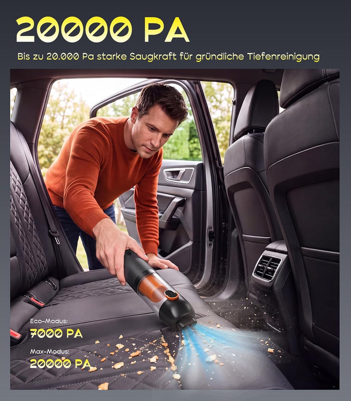 Handstaubsauger Akku 4-in-1, Mini Autostaubsauger Stark mit 20000 PA Saugkraft und 2 Saugstufen, USB