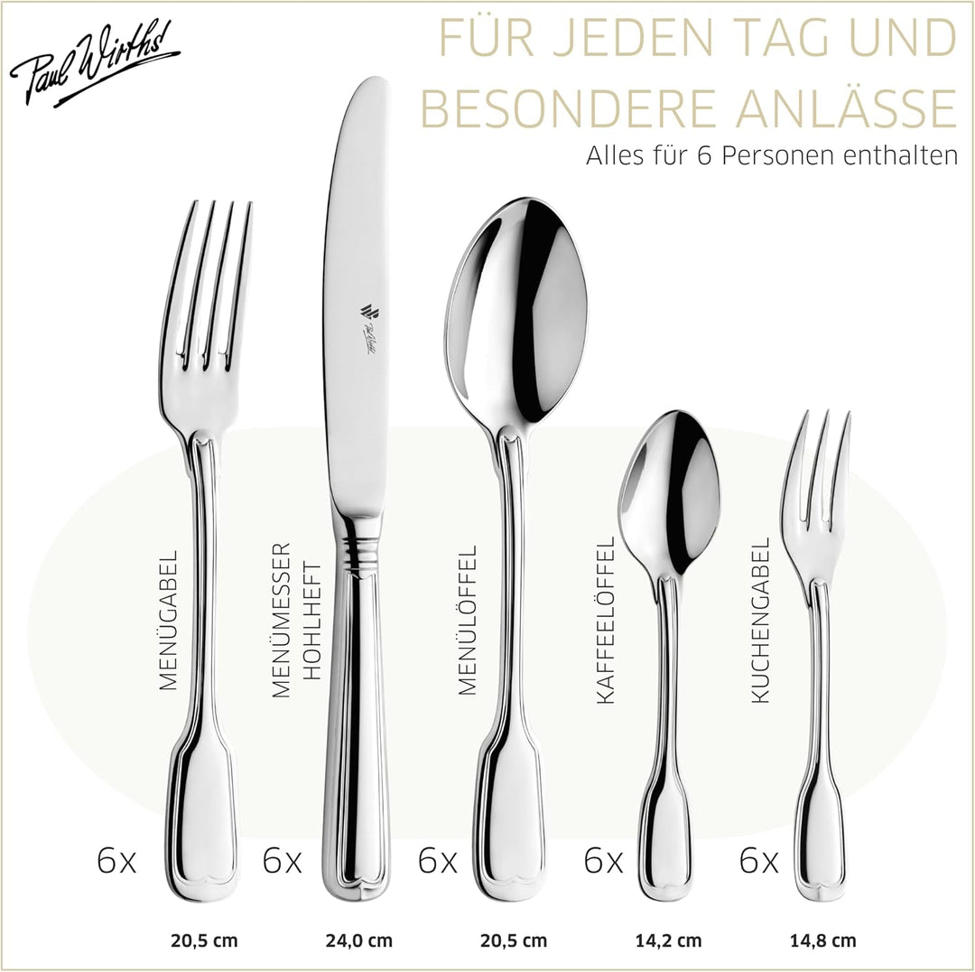PW Paul Wirths AUGSBURGER FADEN 9800 Besteck Set für 6 Personen, Essbesteck 30 teilig, Edelstahl pol