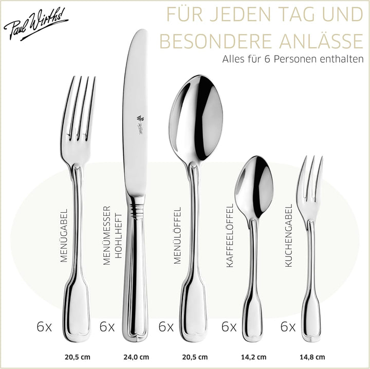 PW Paul Wirths AUGSBURGER FADEN 9800 Besteck Set für 6 Personen, Essbesteck 30 teilig, Edelstahl pol