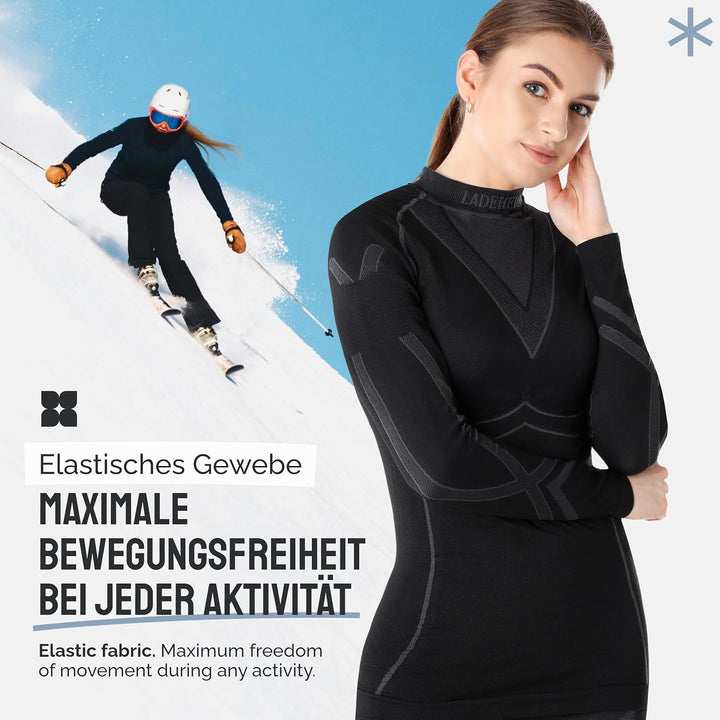 Ladeheid Thermounterwäsche Damen Set Langarm Shirt Lange Unterhose Thermoaktiv LAGI006, Schwarz/Grap
