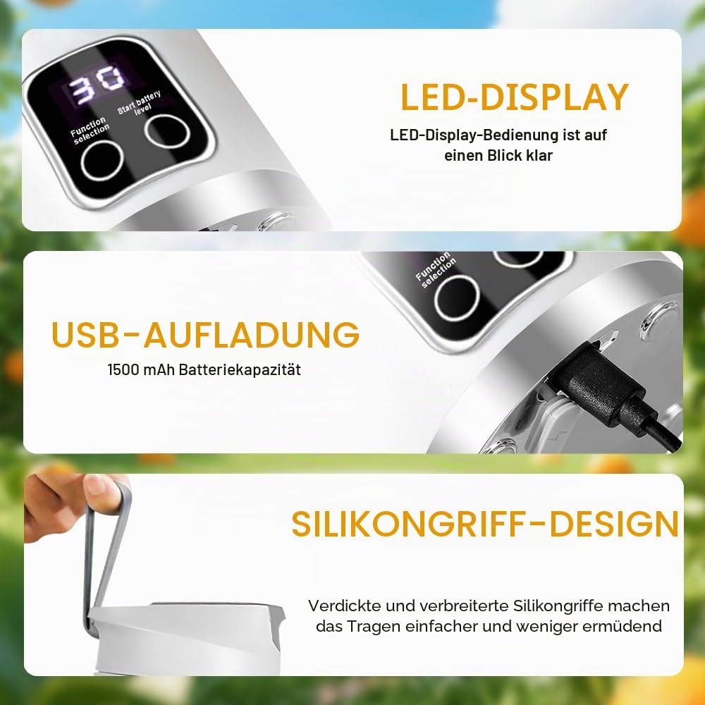 Tragbarer Mixer Smoothie Maker, 450ml USB Mini Mixer to Go mit Digitalanzeige, 12-Klingen Portable B
