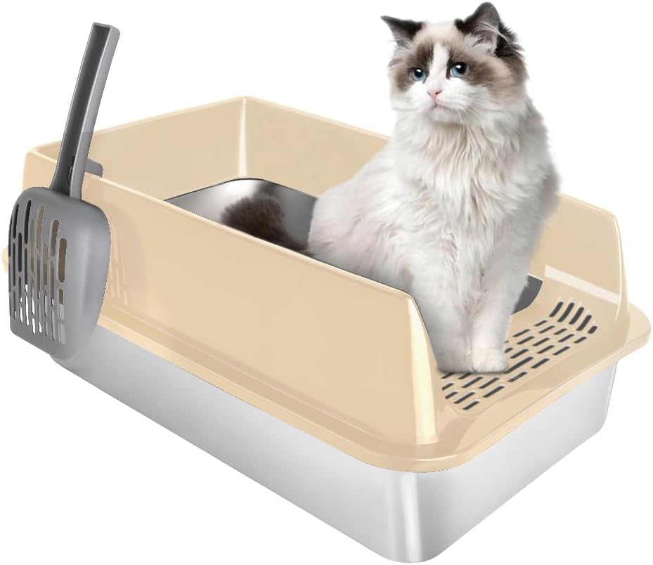 Katzentoilette aus Edelstahl mit hohen Seiten, Schaufel, einfache Reinigung, geruchsbeständig, geeig