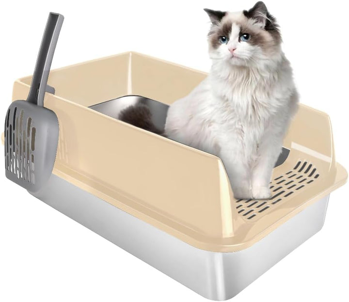 Katzentoilette aus Edelstahl mit hohen Seiten, Schaufel, einfache Reinigung, geruchsbeständig, geeig