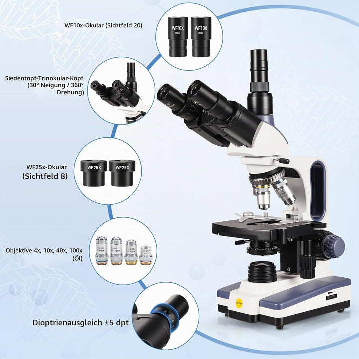 SWIFT SW350T Trinokulares biologisches Mikroskop 40–2500× mit EC5R 5‑MP USB-Okular, 1 W LED, Abbe‑Ko