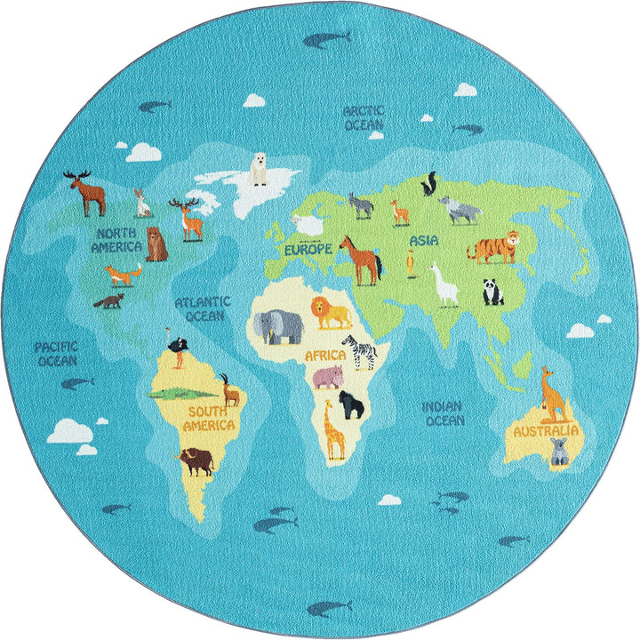the carpet Happy Life Kinderzimmer, Kinderteppich, Spielteppich, Weltkarte, Erde, Tiere, Rund, Blau,