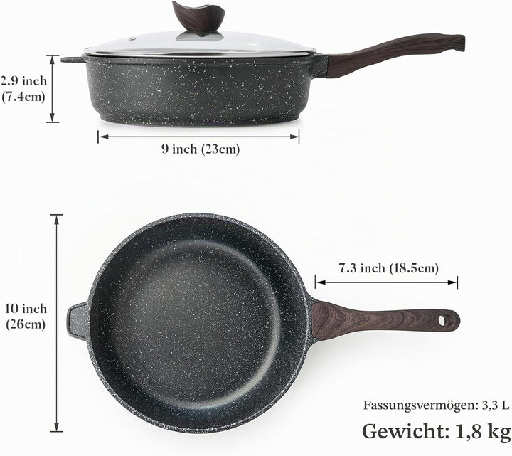 Kordisen Antihaft Tiefe Bratpfanne mit Deckel, 26 cm Granitbeschichtung Pfanne, Induktion Kompatibel