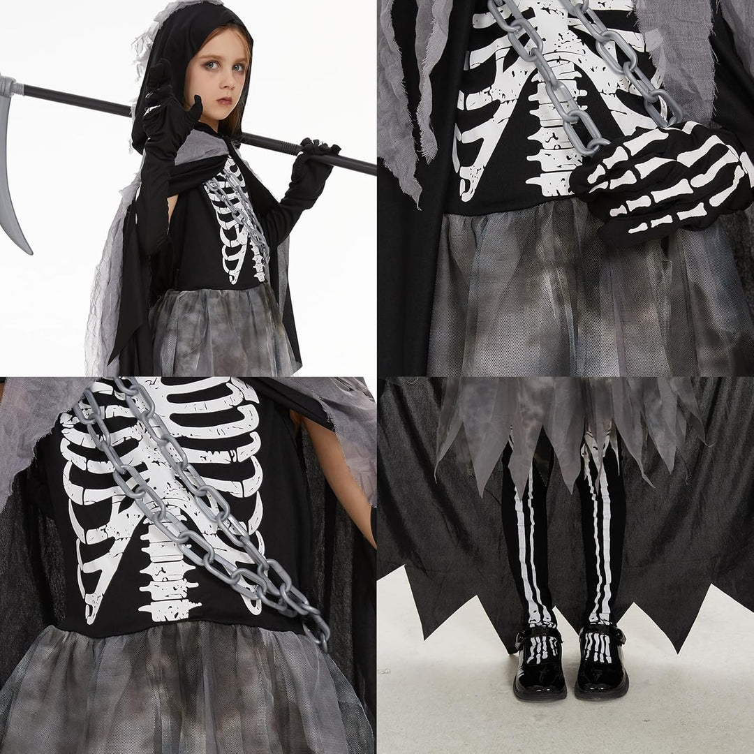 Ulikey Sensenmann Mädchen Kostüm, Sensemann Kostüm Kinder, Halloween Sensenmann Robe Set mit Kapuzen