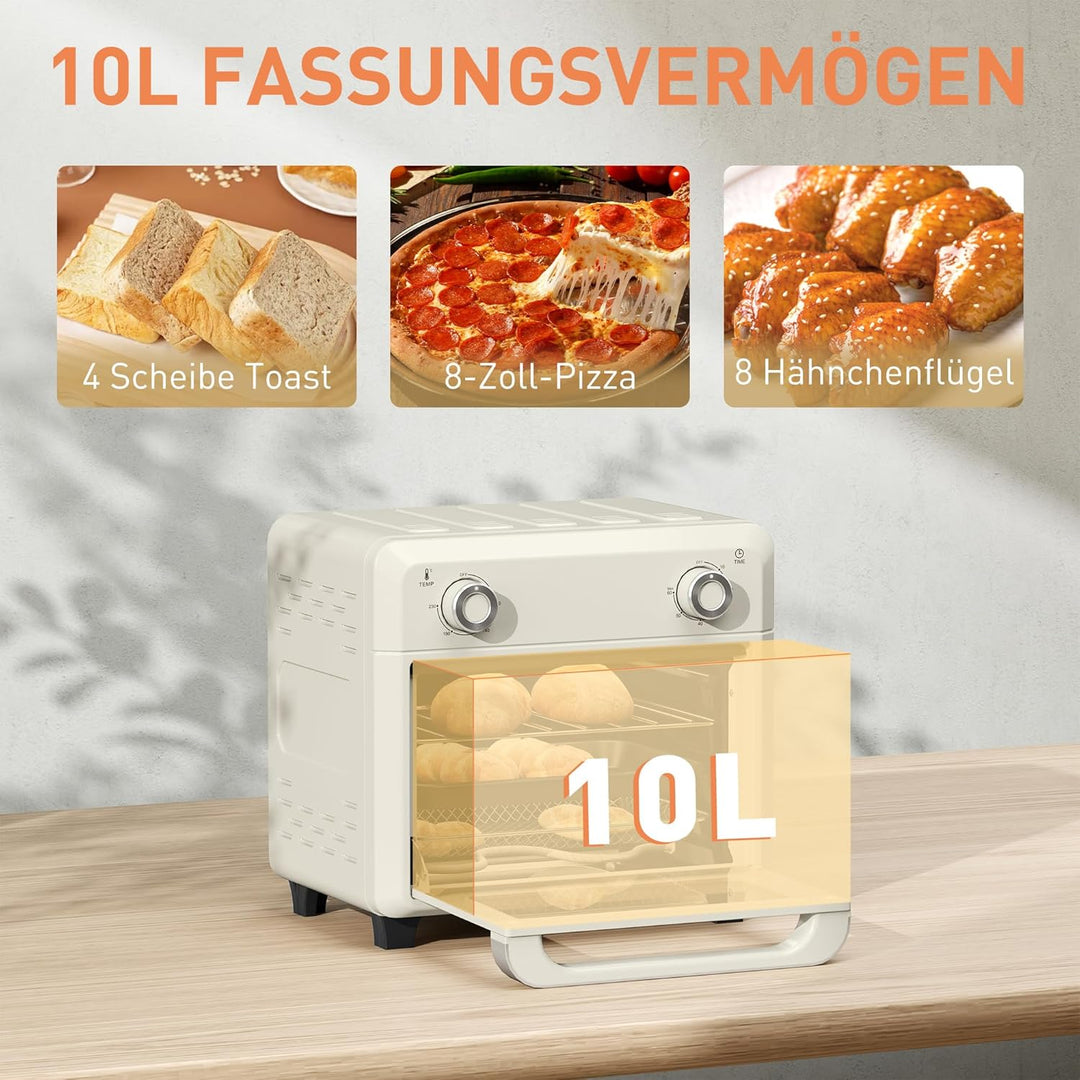 HOMCOM Mini Backofen mit Umluft 10 L 1000W 80-230℃ Heissluftofen mit 60 Min. Timer, Heissluftfritteu