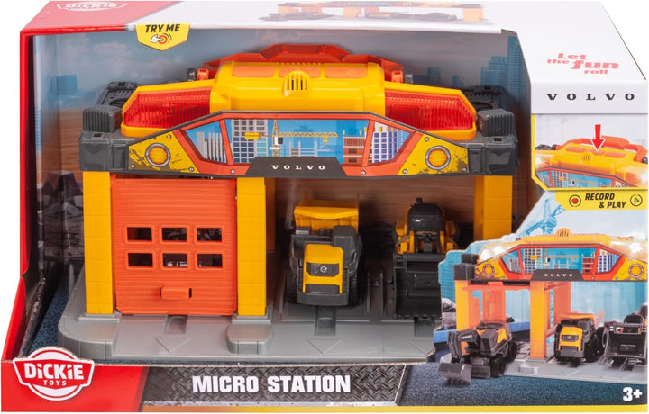 Dickie Toys - Micro Construction Auto-Station für Kinder ab 3 Jahre (25 cm) mit 3 Volvo Baustellenfa
