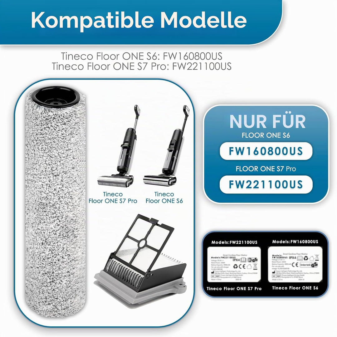 【Version 2, abnehmbar】(6 Stück) S7 Pro Bürstenwalzen und HEPA-Filter, kompatibel mit Tineco Floor On
