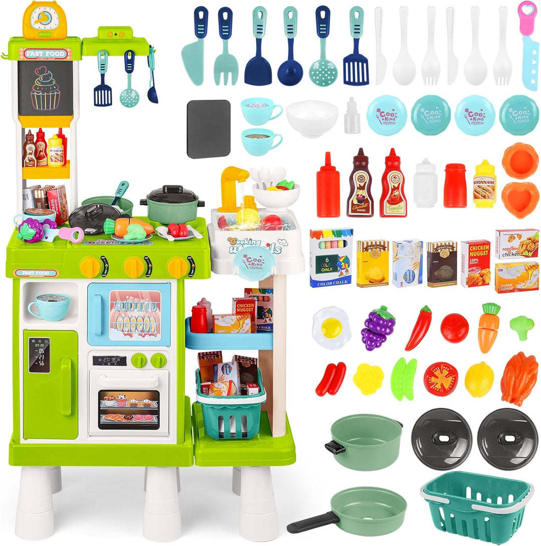deAO Kinderküche Spielküche mit Wasserfunktion & Dampf, 54 Stck. Höhenverstellbar Küchenspielset mit