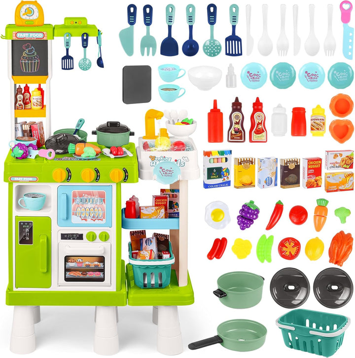 deAO Kinderküche Spielküche mit Wasserfunktion & Dampf, 54 Stck. Höhenverstellbar Küchenspielset mit