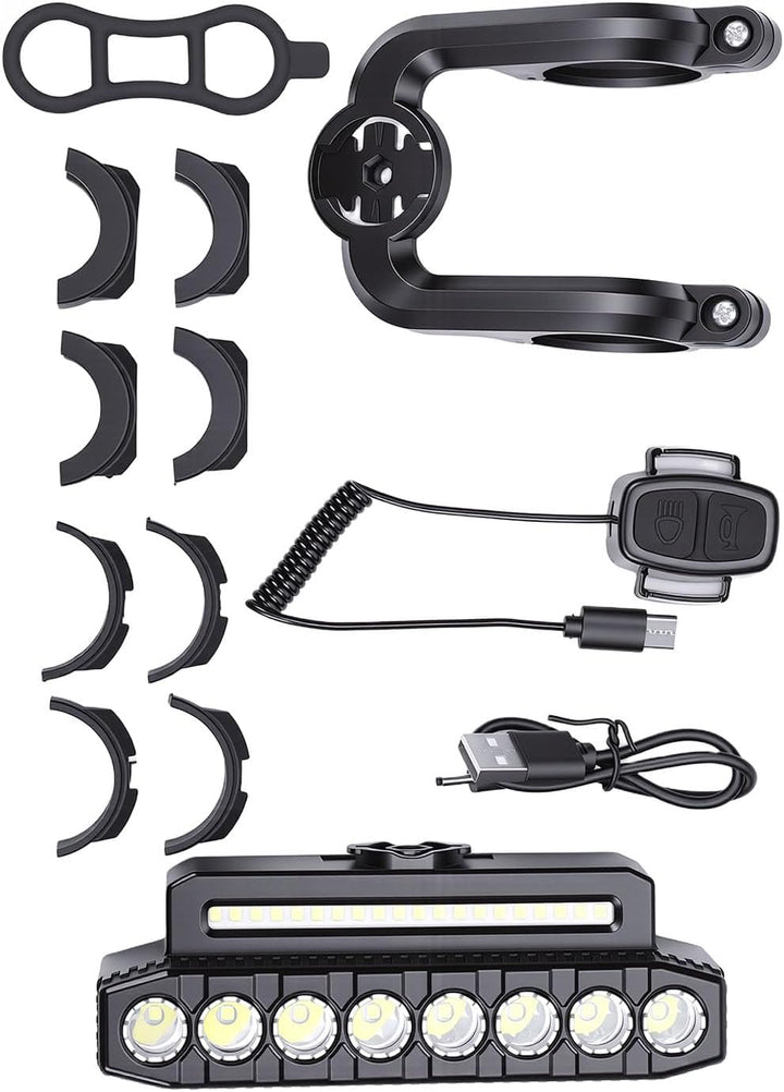 Tbest Fahrradlicht, Wiederaufladbarer USB-Scheinwerfer mit Hupe, 8 LEDs, Superhell, 6 Modi, 4000 MAh