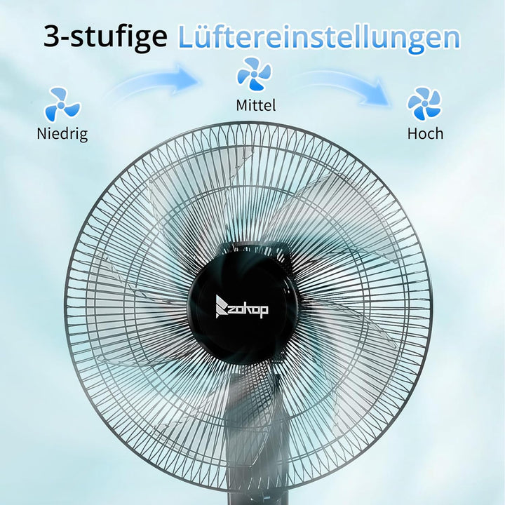 LEADZM Standventilator Leise mit Fernbedienung,3 Geschwindigkeitsstufen,7,5H Timer,117-134 cm höhenv