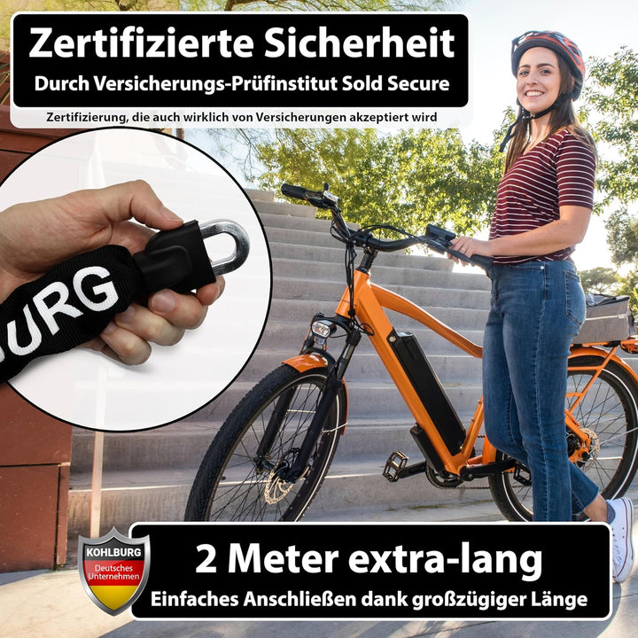 KOHLBURG 200cm Sicherheits- Kettenschloss - Schloss mit 8,3mm starker 4-Kantkette aus Spezialstahl-