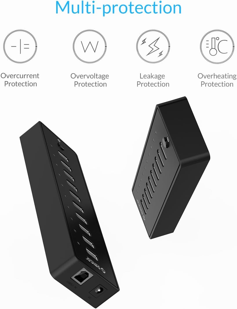 ORICO USB 2.0 Hub 10 Ports mit Netzschaltern und Netzteil 30W (12V2.5A), 480 Mbps Speed Datenhub für