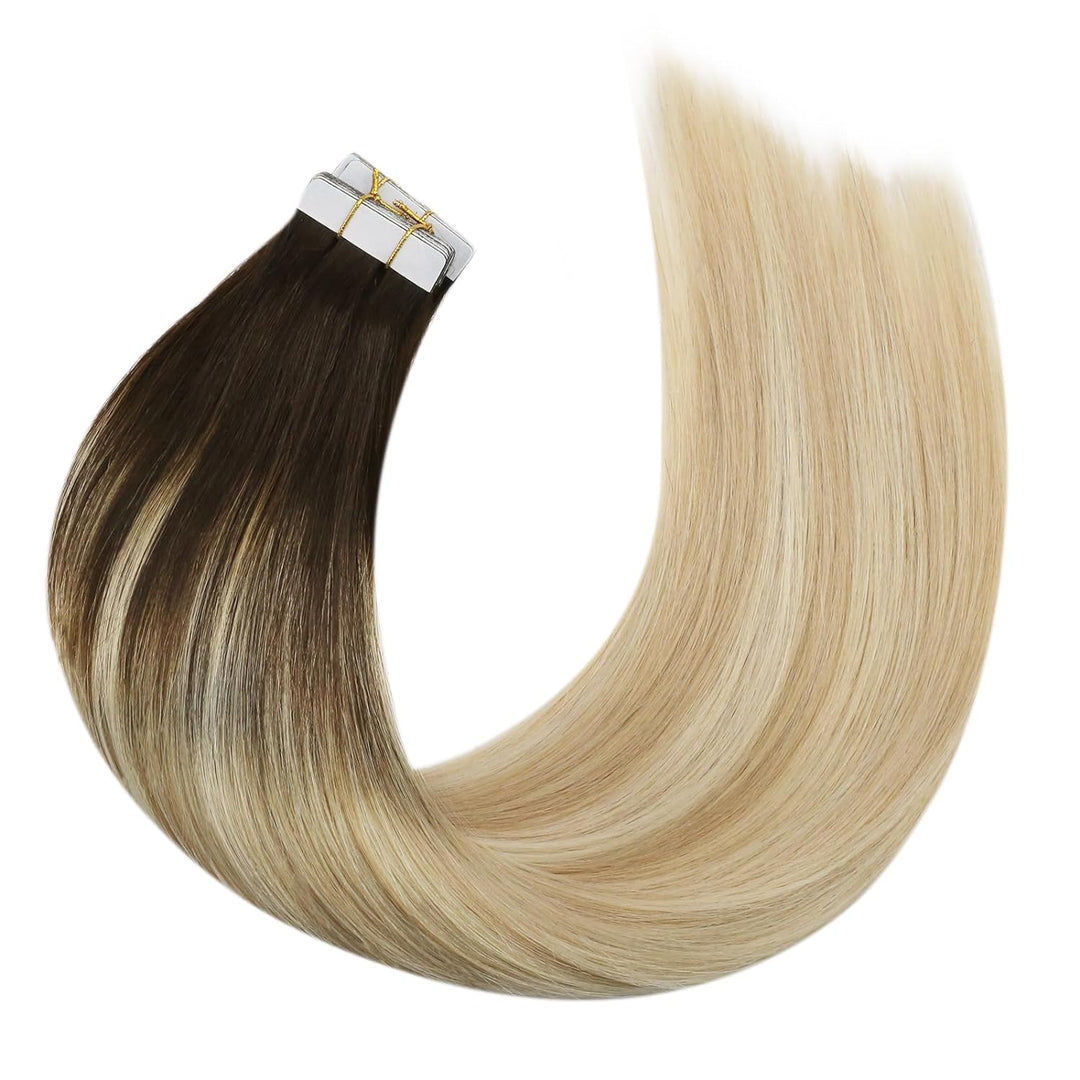 Moresoo Invisible Tape Extensions Blond Haarverlängerung Echthaar Tapes 35 cm Dunkelbraun bis Karame