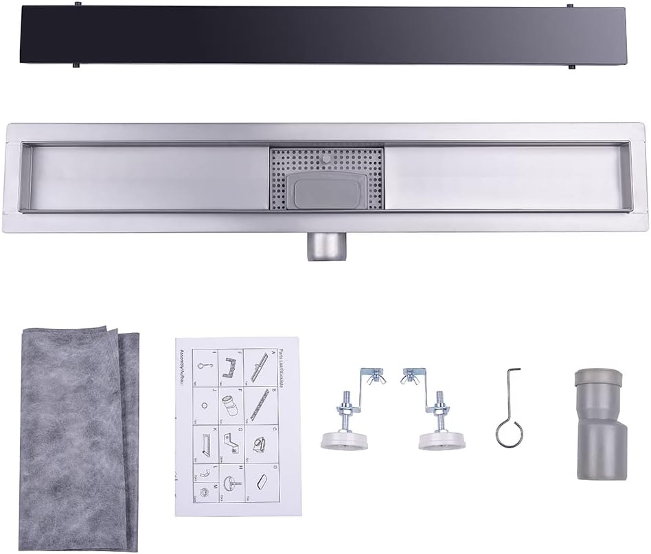 Finmrys Duschrinne 80 cm Schwarz Glas Edelstahl komplettset Duschablauf Extra Flach Herausnehmbaren